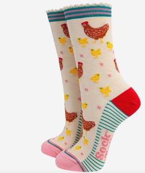 Ladies Cream Hen and Chick Bamboo Socks