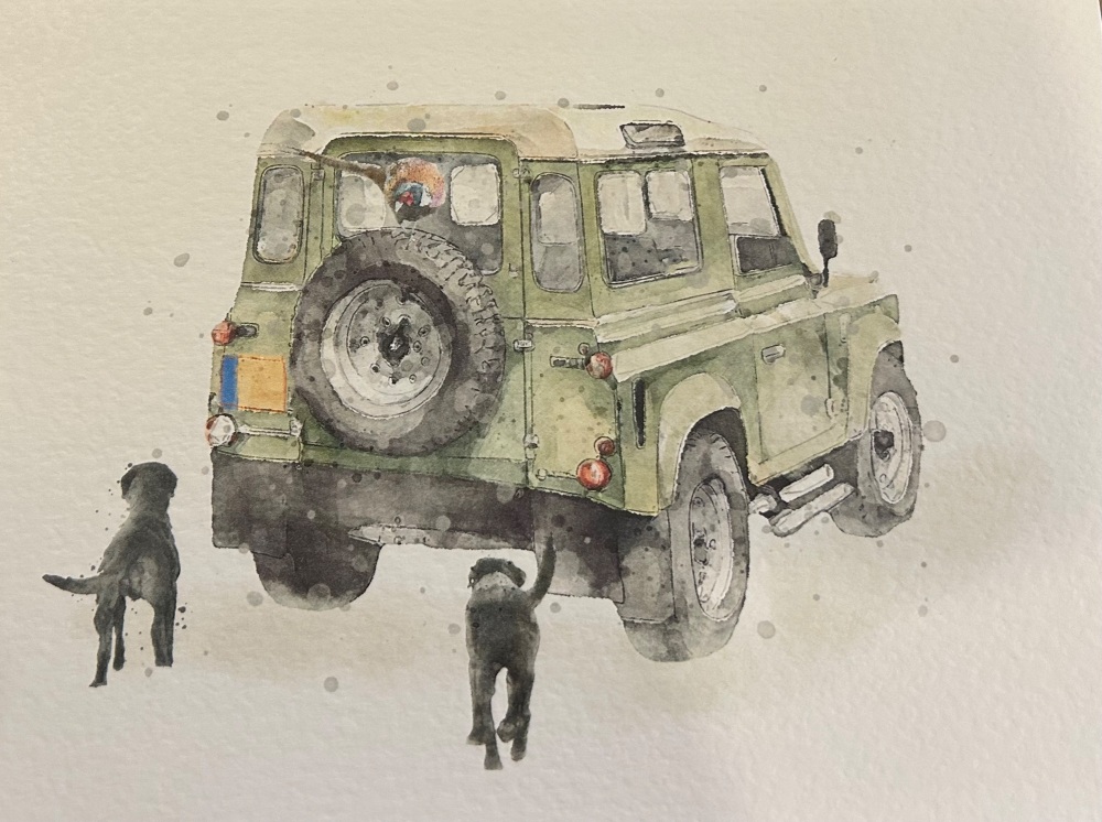 Defender, Pheasant & Two Black Labradors Print