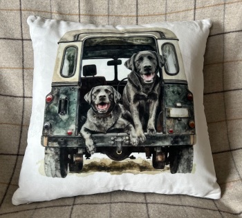 Black Labradors in Land Rover Cushion