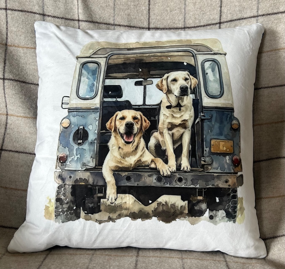 Yellow Labradors in Land Rover Cushion