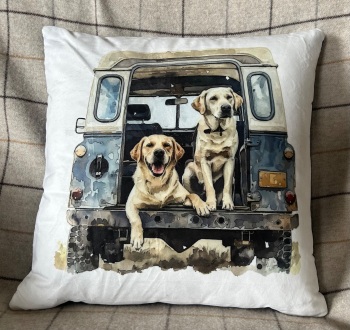 Yellow Labradors in Land Rover Cushion