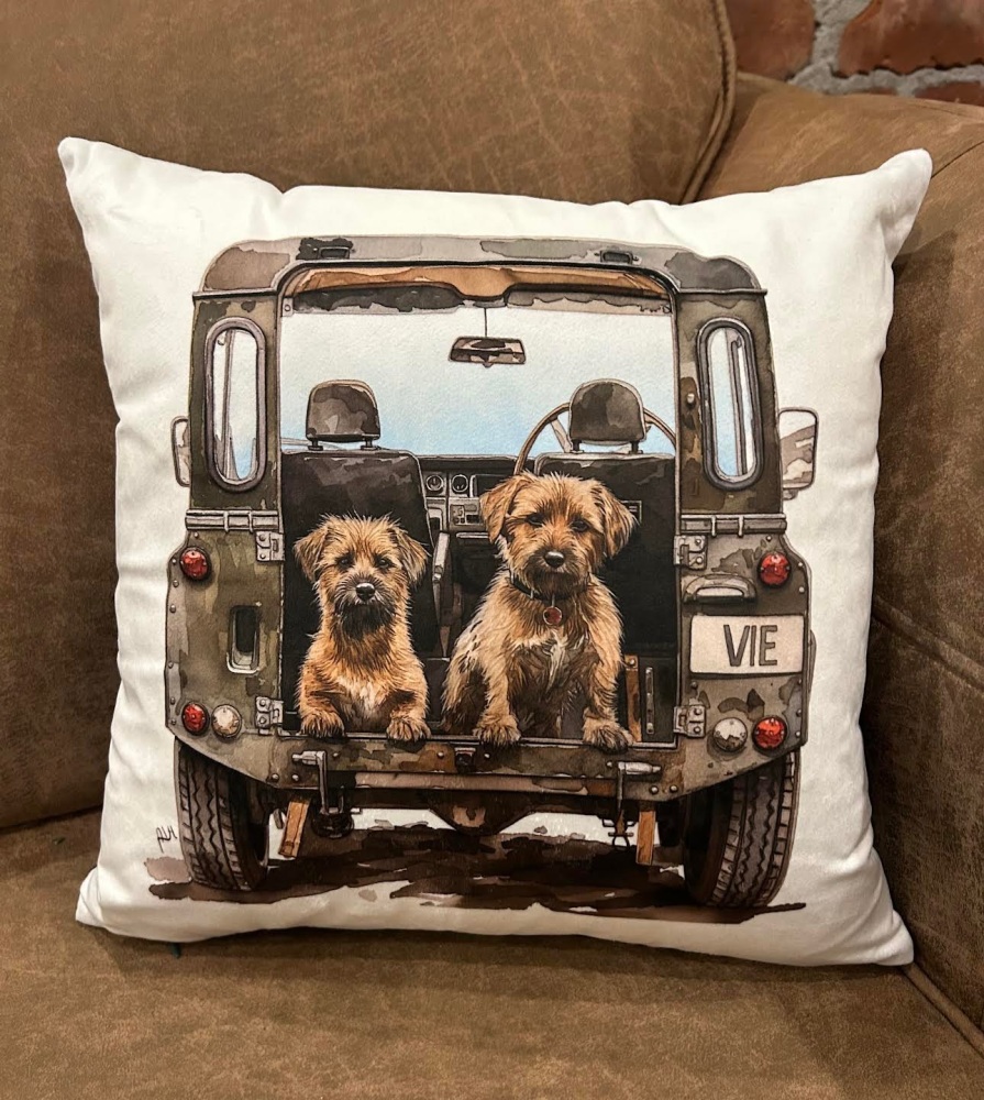 Border Terriers in Land Rover Cushion