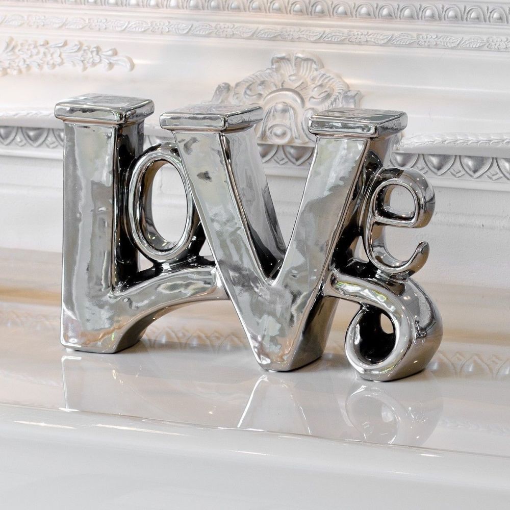 Stunning Platinum Fired Chrome Plated Ceramic LOVE Sculpture Ornament 