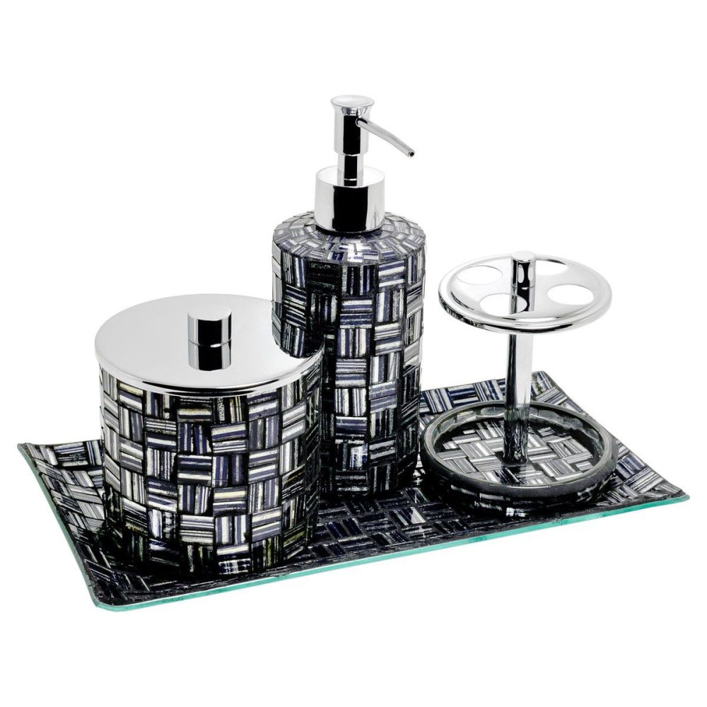 4 Piece Black & Silver Mosaic Bath Set 