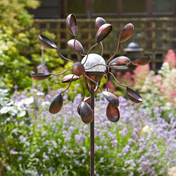 Solar Metal Garden Wind Spinner with Crackle Globe