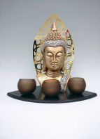 Golden Thai Buddha With 3 Candle Holders on Wood Tray