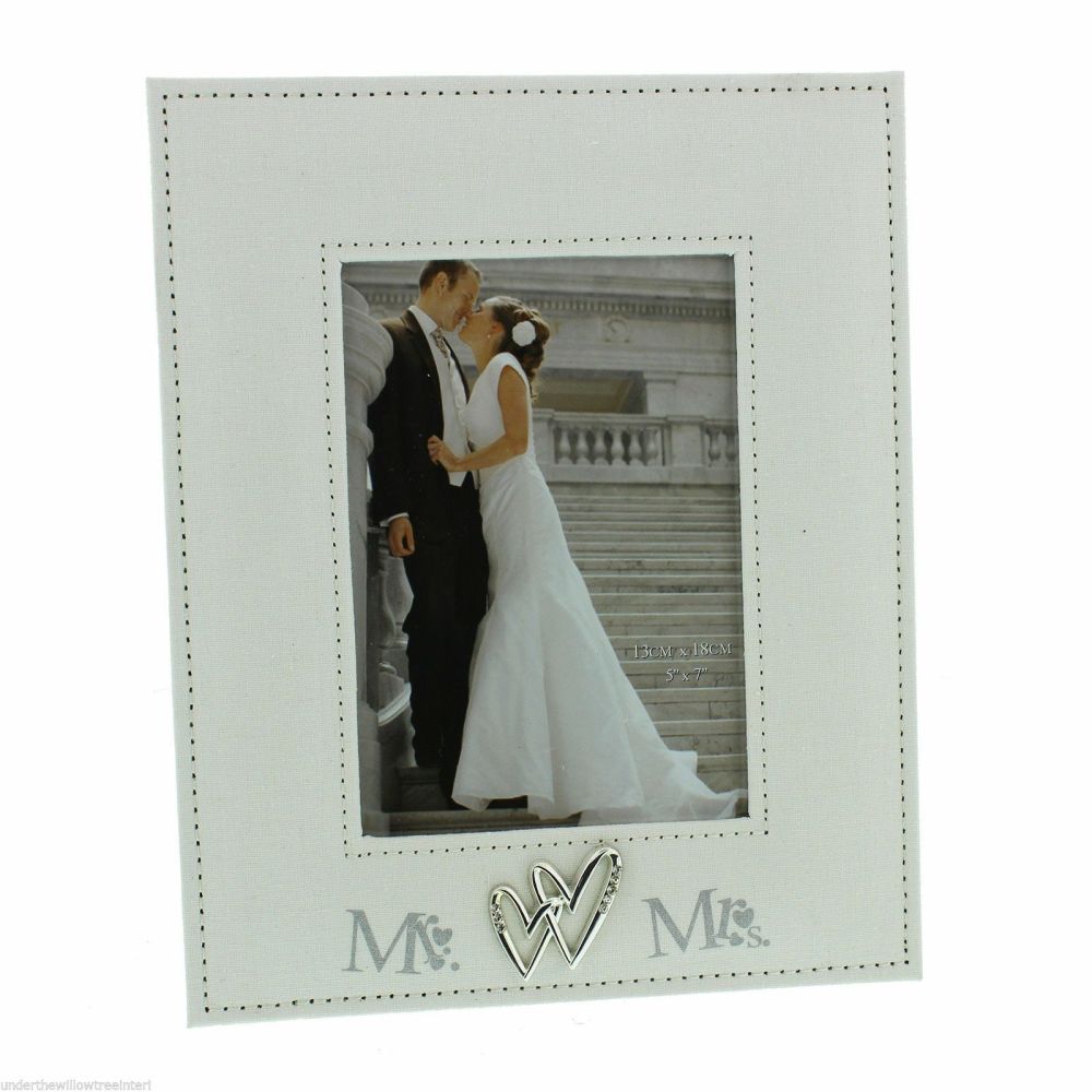 Mr & Mrs Linen Photo Frame with Entwined Hearts Holds 5x7
