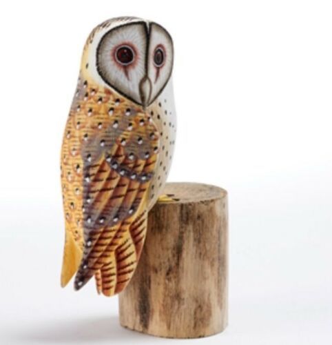 Barn Owl Hand Carved Painted Bird on Wood Log 