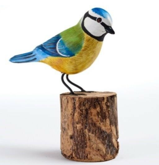 Blue Tit Hand Carved Painted Bird on Wood Log 