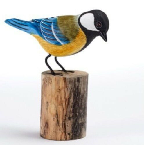 Great Tit Hand Carved Painted Bird on Wood Log