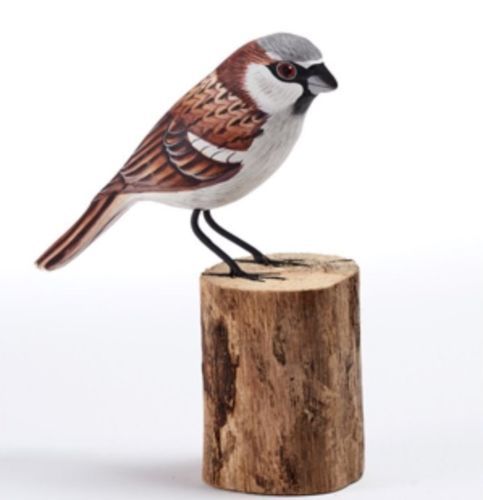 House Sparrow Carved Painted Bird on Wood Log