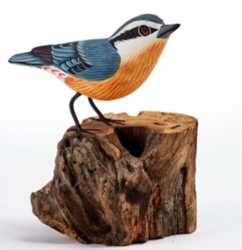 Nuthatch Hand Carved Painted Bird on Wood Log