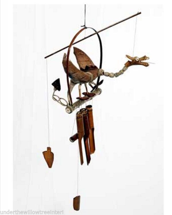 Hand Carved Wood WELSH Dragon Windchime Bamboo Garden Wind Chime Mobile