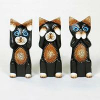Set of 3 Hand Carved Cats HEAR SEE SPEAK NO EVIL