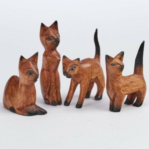 Set of 4 Cats Wooden Hand Carved