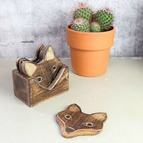 Wooden Fox Face Coaster Set of 6 with Holder
