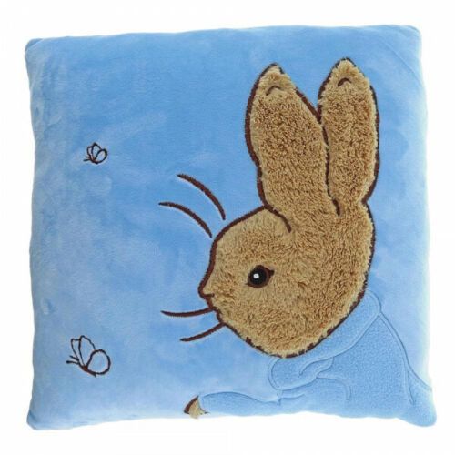 Beatrix Potter Peter Rabbit Bunny Blue Plush Embroidered Cushion