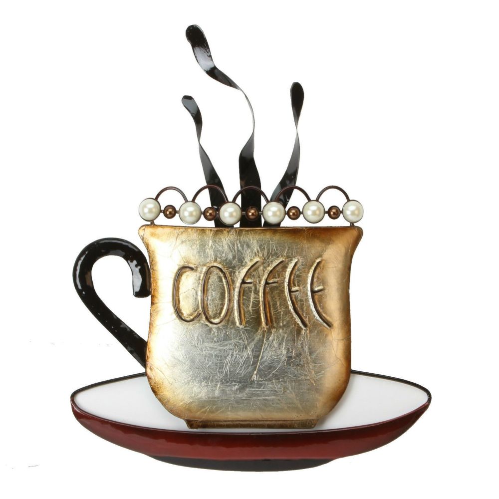  Steaming Coffee Cup Metal Wall Art Brown & Pearl Beads 