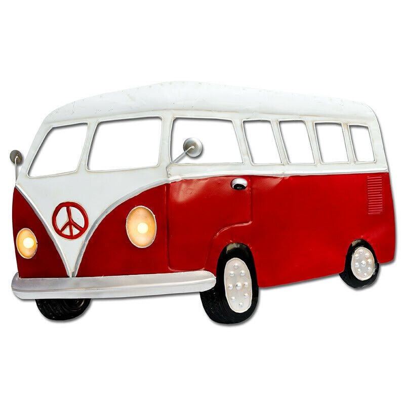 Large Red Camper Van Metal Wall Art With Working LED Headlights