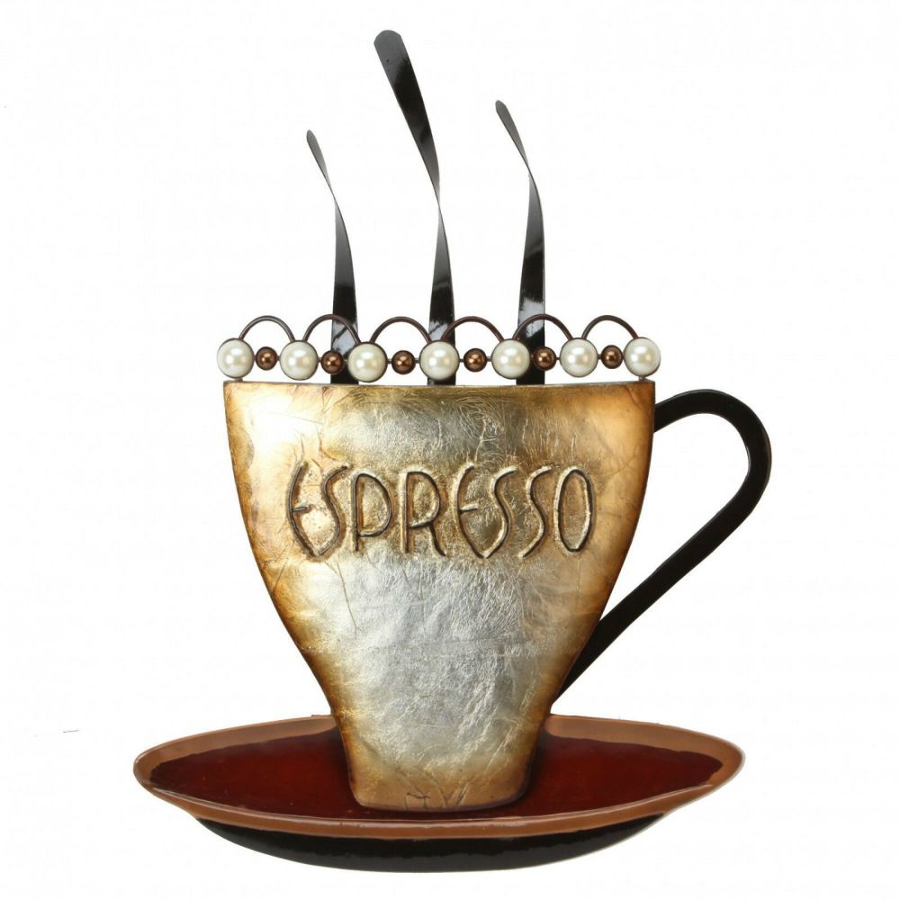 Steaming Espresso Coffee Cup Metal Wall Art Brown & Pearl Beads 