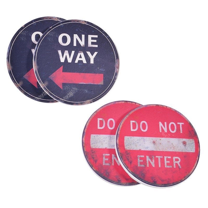 Set of 4 Road Sign Round Coasters