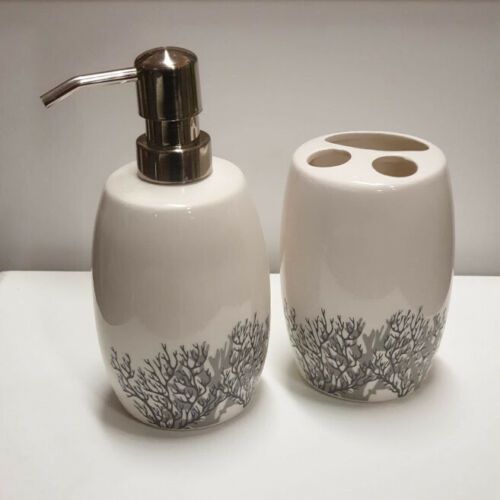 Grey White Coral Print Bathroom Set 