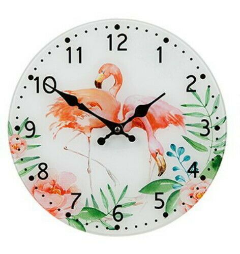 30cm Round Flamingo Glass Wall Clock 2 Pink Flamingos Tropical Decor