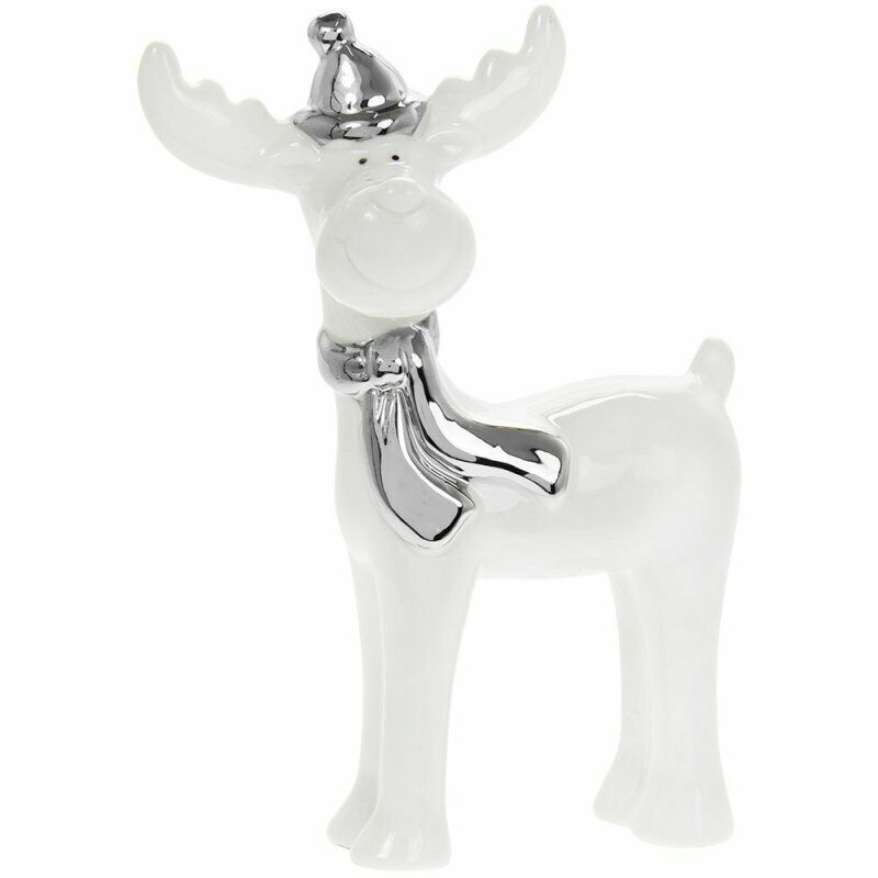 Large White Reindeer With Silver Hat And Scarf