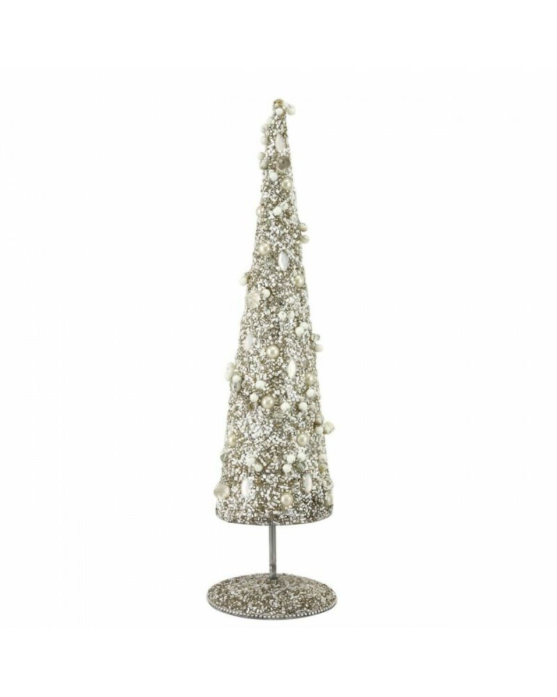 Grey & Cream Beaded Table Top Christmas Tree On Stand 37 cm