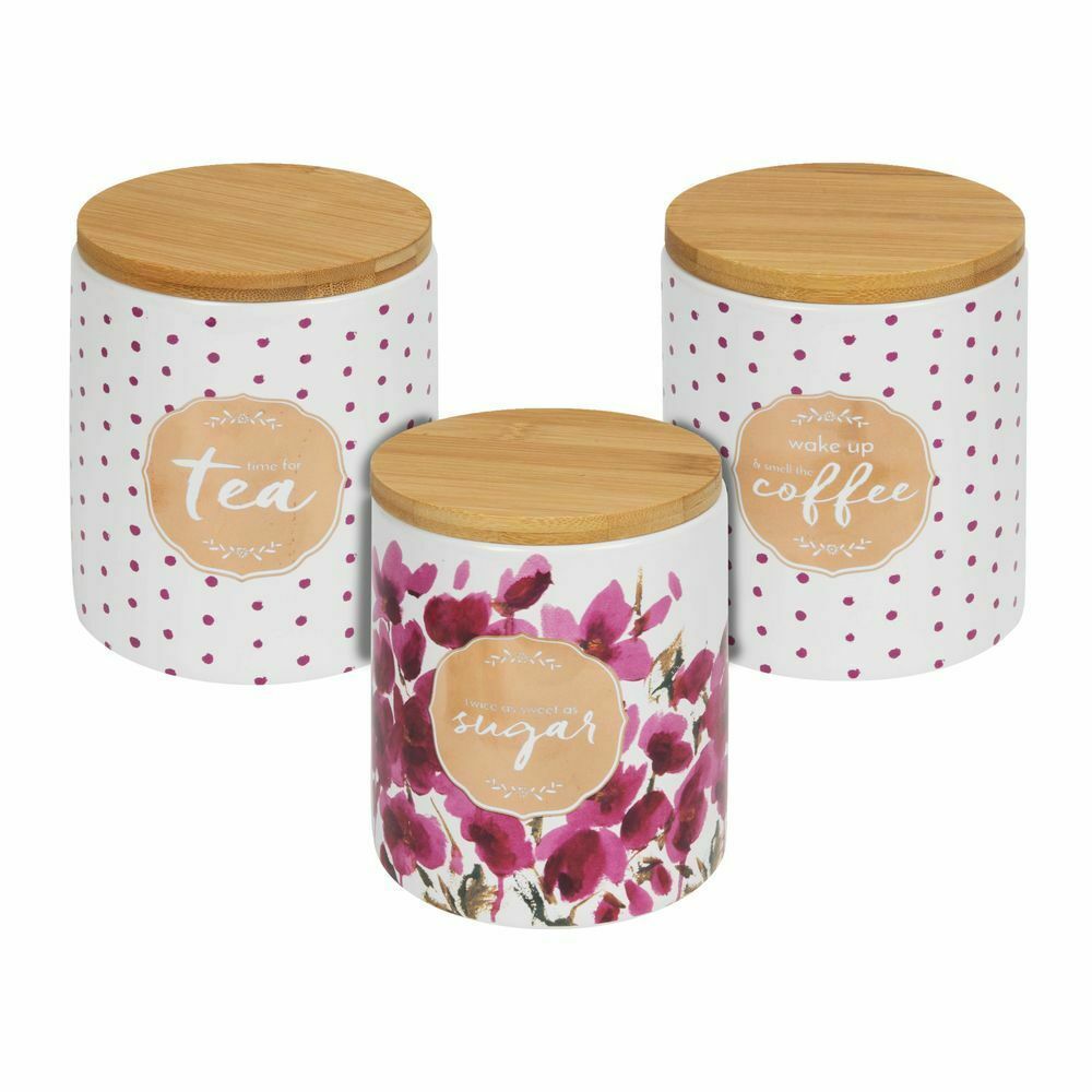 Ceramic Tea Coffee Sugar Jars Kitchen Storage Canisters With Wooden Lids