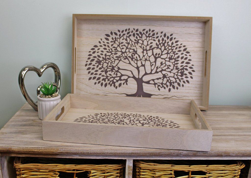 Set of 2 Tree of Life Wooden Trays