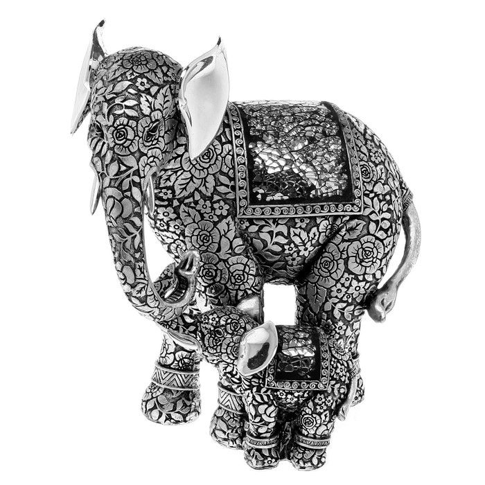 Silver Mosaic Rococo Rose Jumbo Elephant With Baby Ornament