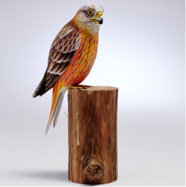 Large Red Kite Hand Carved Painted Bird on Wood Log