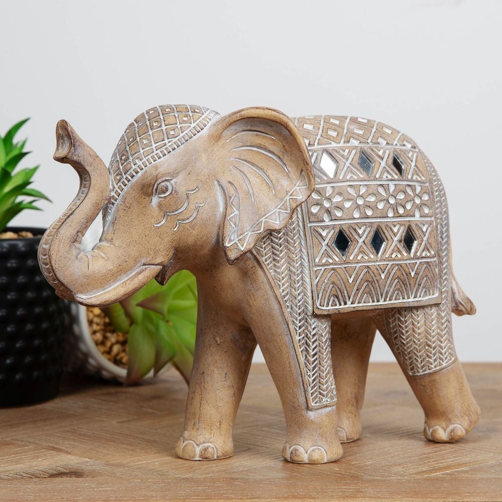 Carved Sandstone Effect Elephant Ornament With Mirror Mosaic