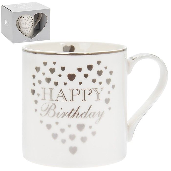 Heart Happy Birthday Mug Silver & White