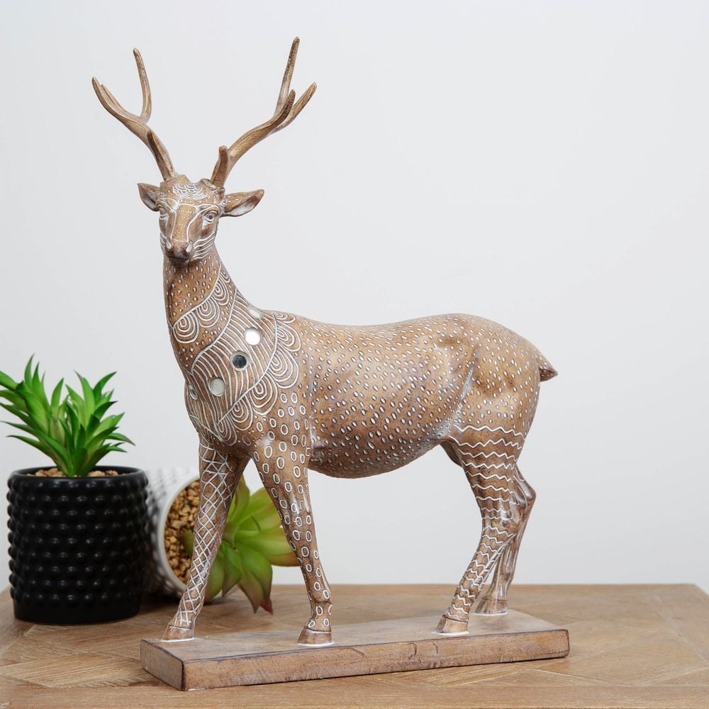 Carved Sandstone Effect Stag Ornament With Mirror Mosaic