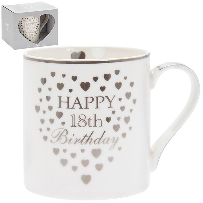 Heart Happy 18th Birthday Mug Silver & White