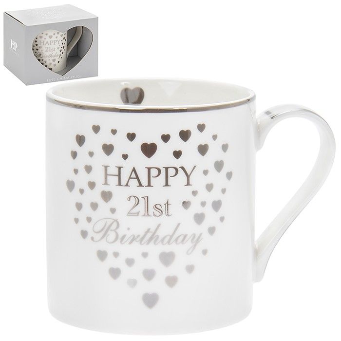 Heart Happy 21st Birthday Mug Silver & White