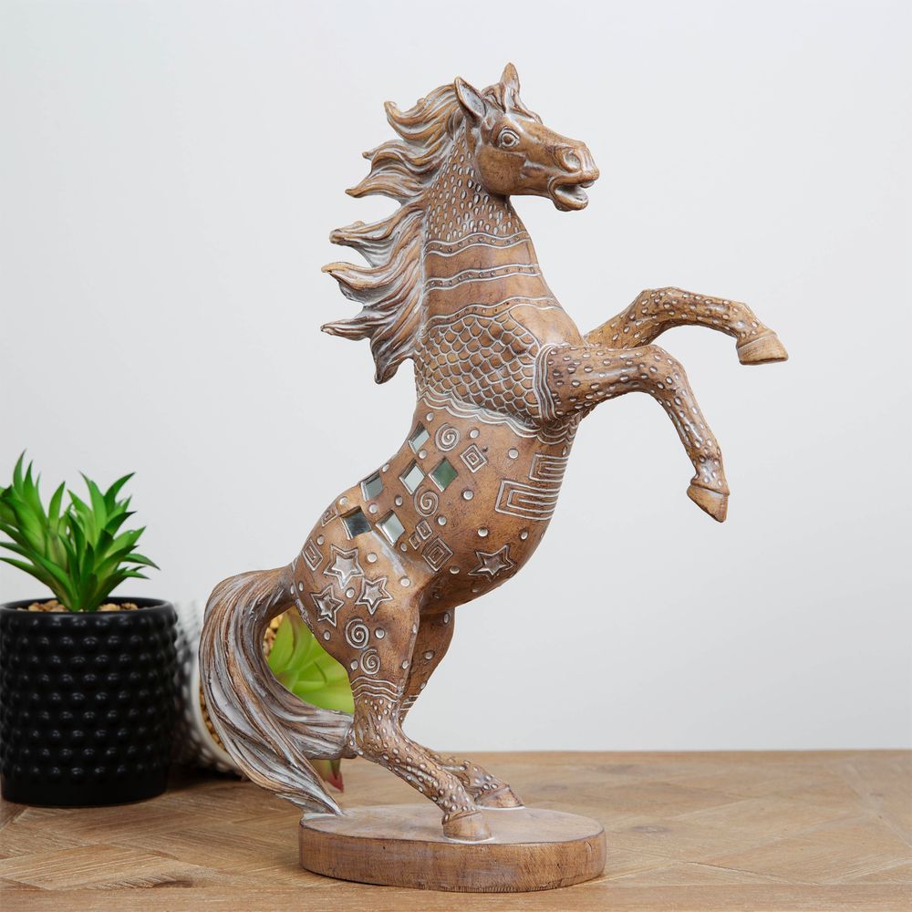 Large Carved Sandstone Effect Horse Ornament With Mirror Mosaic Detailing 32cm