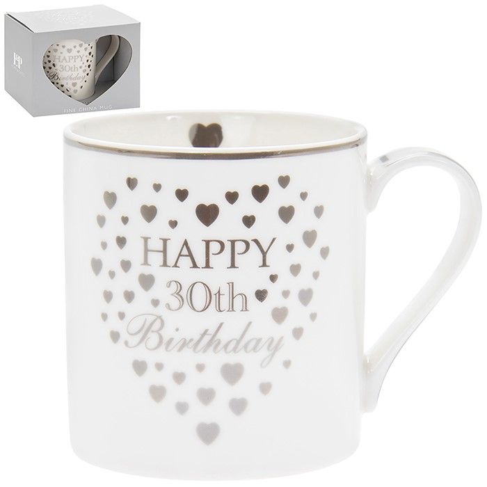 Heart Happy 30th Birthday Mug Silver & White