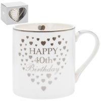 Heart Happy 40th Birthday Mug Silver & White