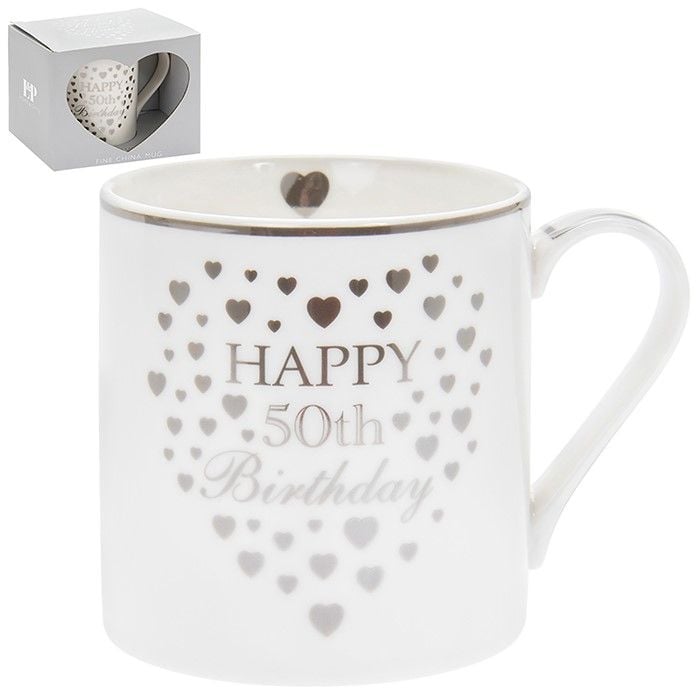 Heart Happy 50th Birthday Mug Silver & White
