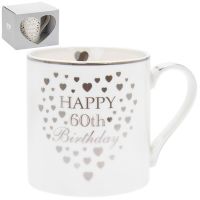Heart Happy 60th Birthday Mug Silver & White