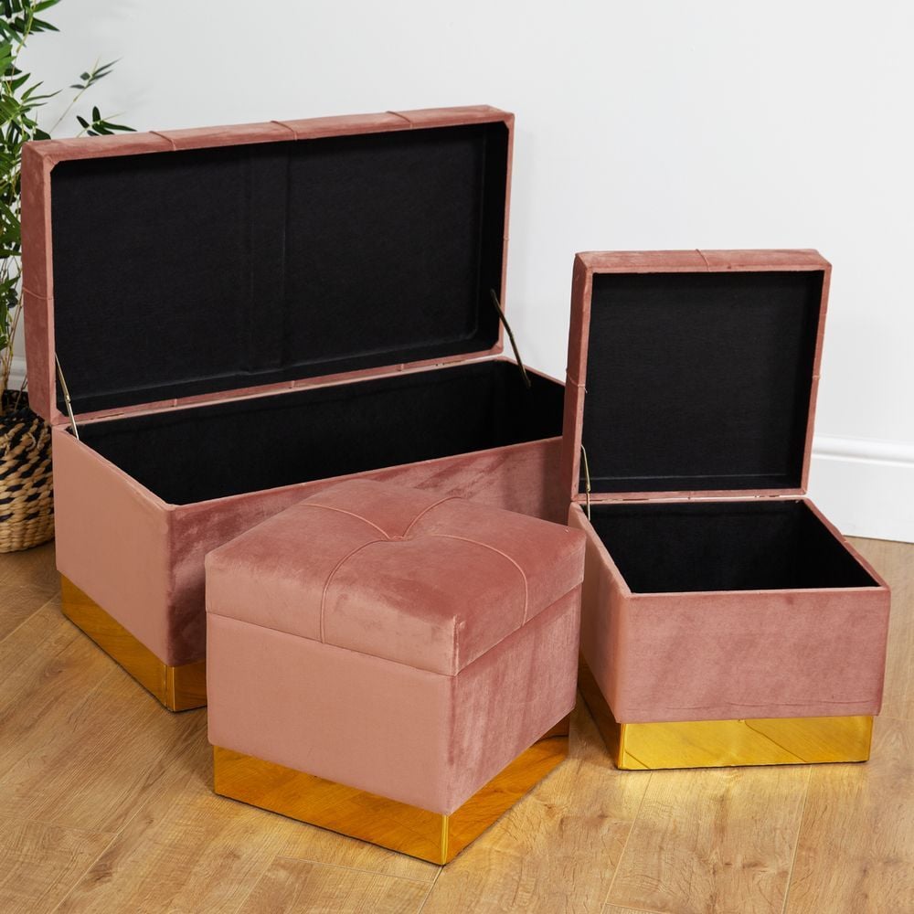 Set of 3 Cushioned Pink Velvet Brass Trimmed Storage Stools