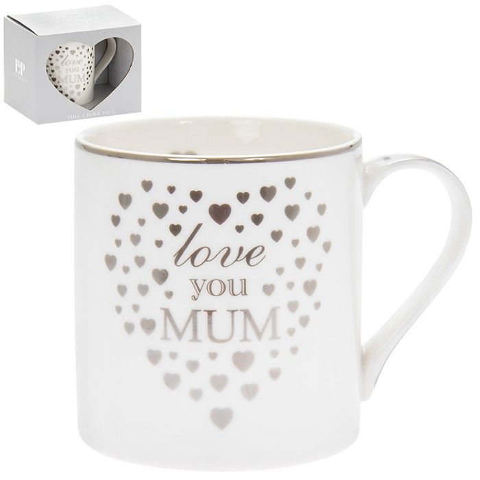 Heart Love you Mum Mug Silver & White