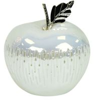 LED Lit High Gloss White & Silver Ceramic Apple Fruit Ornament 13cm