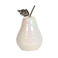 LED Lit Lustre High Gloss White & Silver Ceramic Pear Fruit Ornament 19cm