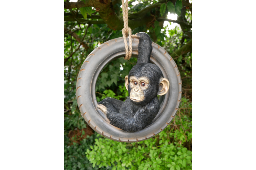 Quirky Hanging Chimp Swinging On Tyre Garden Tree Ornament Statue Decoration