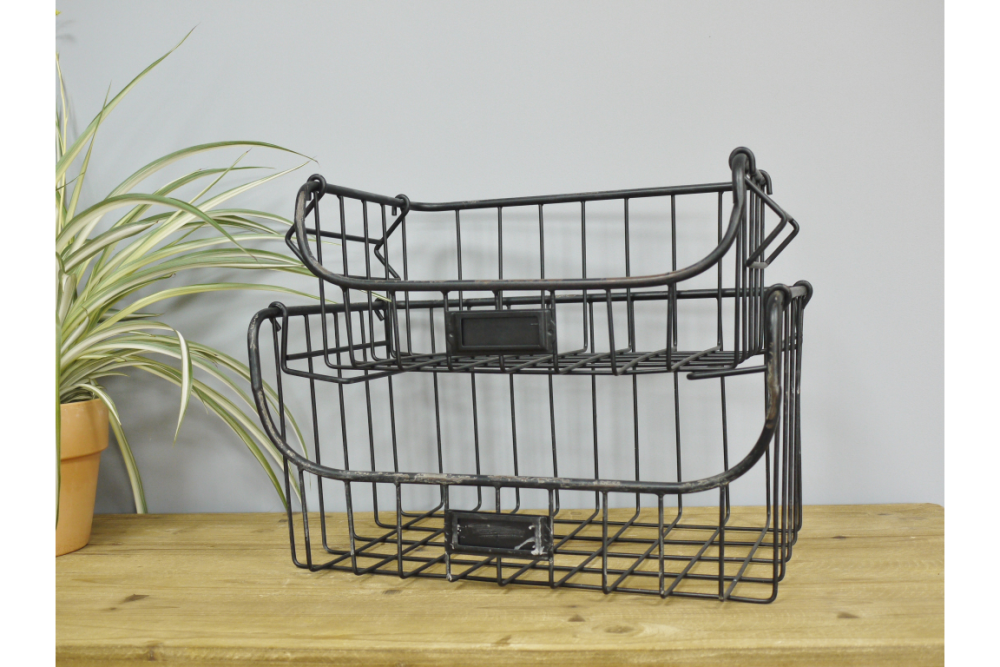 Set Of 2 Strong Industrial Style Metal Baskets Iron Wire Storage Cages 