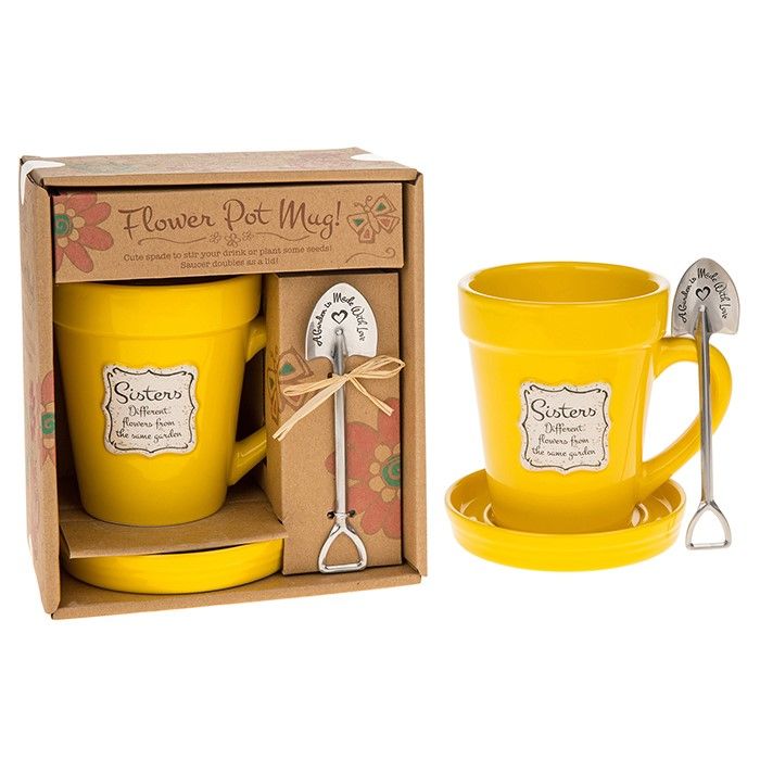 Sisters Yellow Flowerpot Mug , Saucer and Spade Spoon Gift